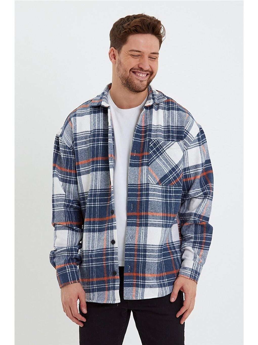 Bej Erkek Slim Fit Uzun Kollu Çift Cepli Ekoseli Oduncu Gömlek-odg001r10015s-1