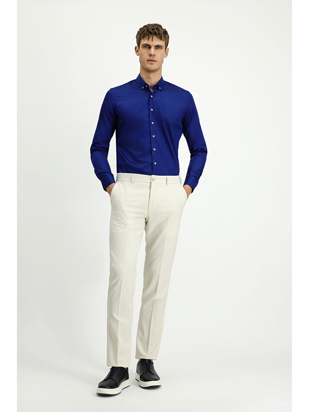 Lacivert Uzun Kol Slim Fit Non Iron Gömlek-1