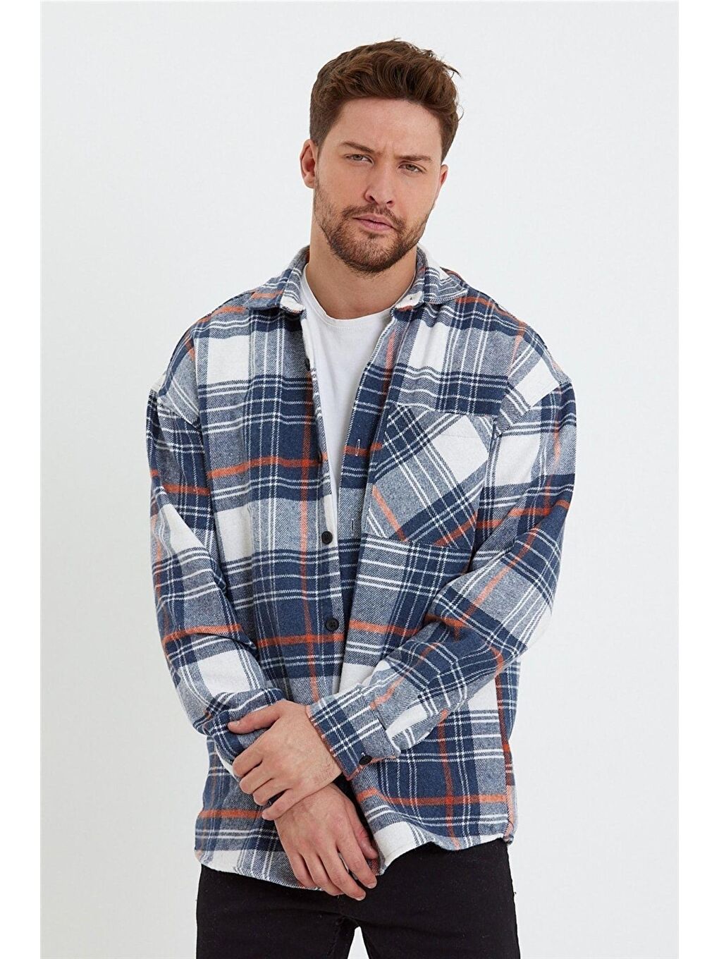 Bej Erkek Slim Fit Uzun Kollu Çift Cepli Ekoseli Oduncu Gömlek-odg001r10015s-2