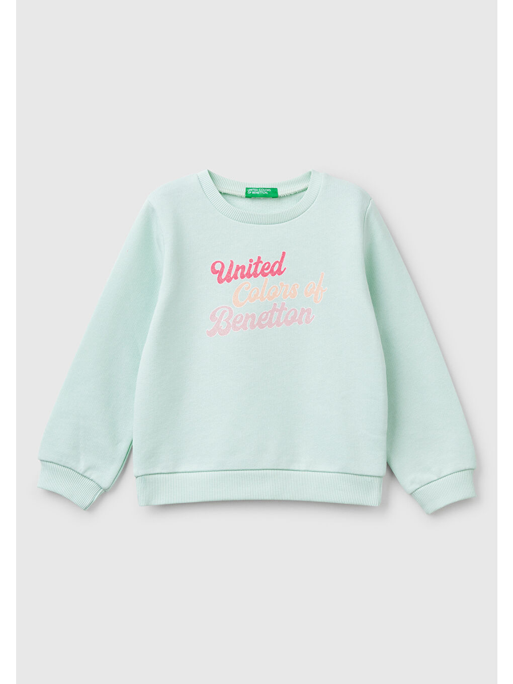 Turkuaz Kız Çocuk Su Yeşili Simli Benetton Logo Baskılı Bisiklet Yaka Sweatshirt