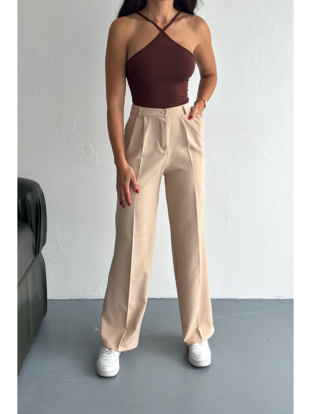 Kadın Double Bol Paça Palazzo Pantolon Bej