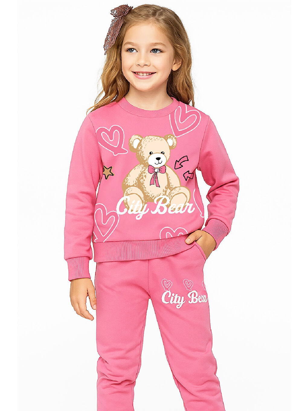 Pembe Kız Çocuk 2 İplik Şardonsuz Ayıcık Baskılı Alt-Üst Takım-3 -10 Yaş 12415