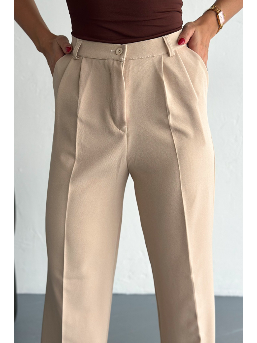 Kadın Double Bol Paça Palazzo Pantolon Bej-1