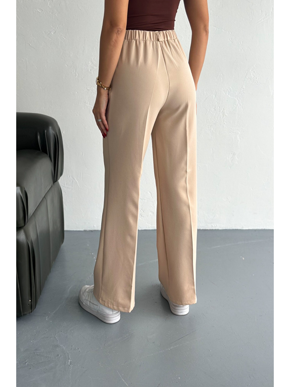 Kadın Double Bol Paça Palazzo Pantolon Bej-2