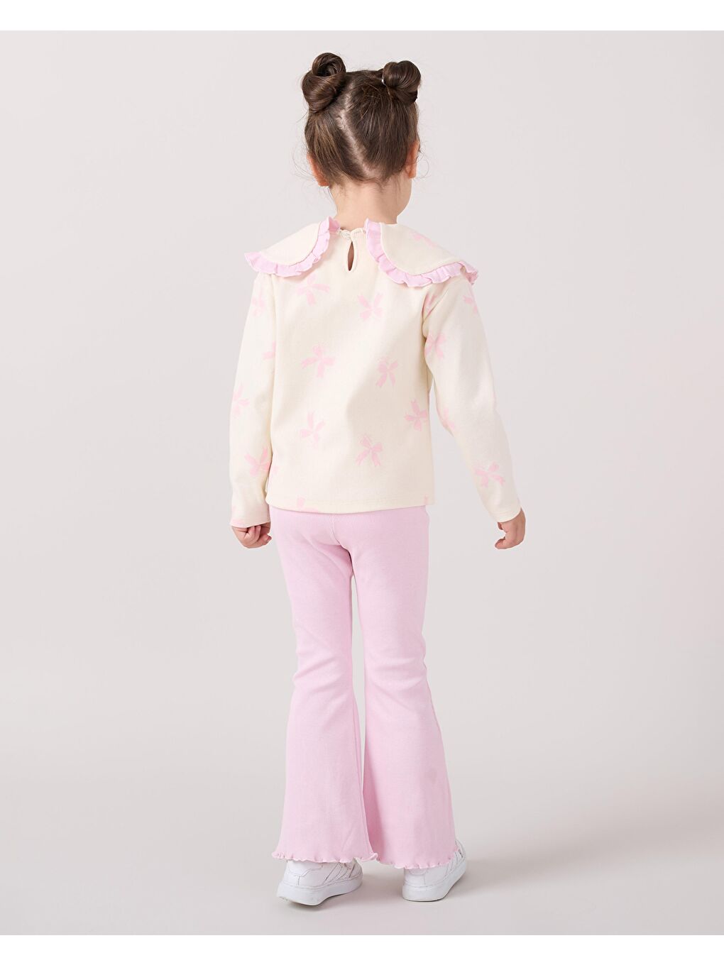 Pembe Kız Çocuk Pamuklu Lila Fiyonklu Volan Yaka Sweatshirt Ve İspanyol Paça Pantolon Takım-1