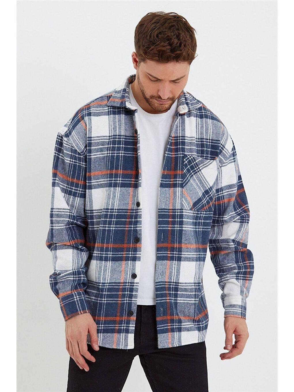 Bej Erkek Slim Fit Uzun Kollu Çift Cepli Ekoseli Oduncu Gömlek-odg001r10015s-5