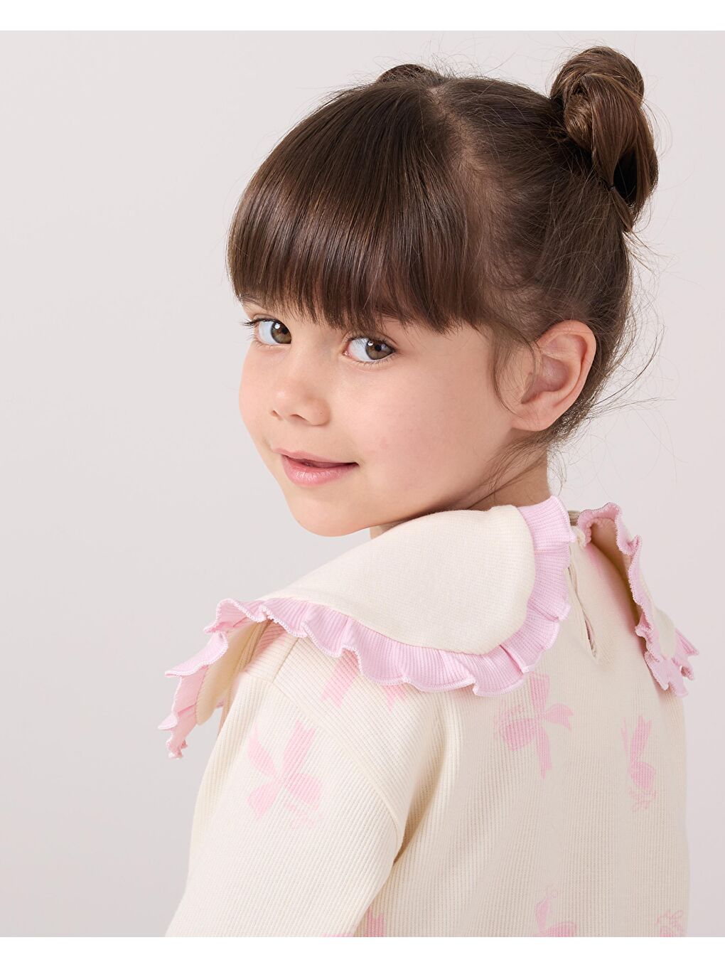 Pembe Kız Çocuk Pamuklu Lila Fiyonklu Volan Yaka Sweatshirt Ve İspanyol Paça Pantolon Takım-2