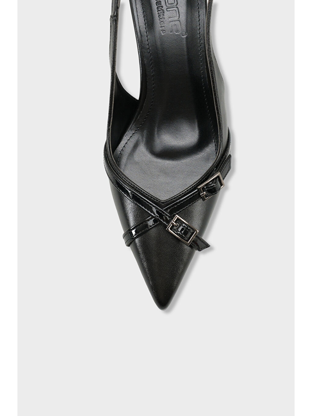 Siyah Sarine Sivri Burunlu Orta Topuklu Çapraz Tokalı Arkası Açık Kadın Ayakkabı-2