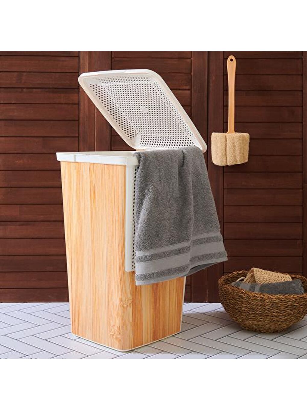 Ahşap Görünümlü Çamaşır Sepeti - Beyaz - 55 lt