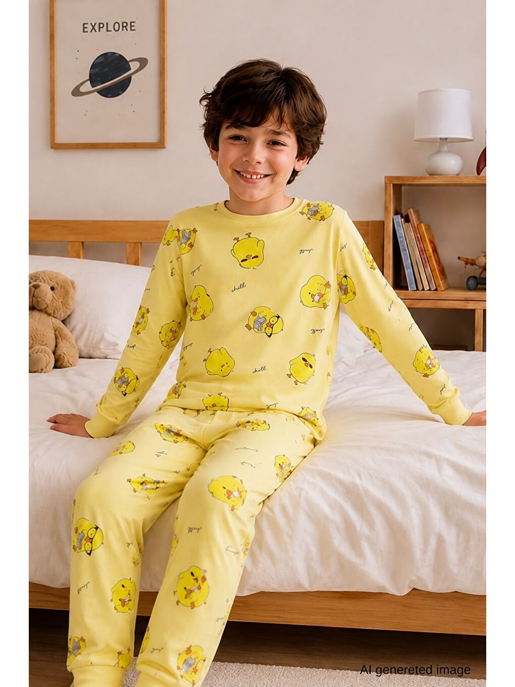 Sarı Erkek Çocuk Yeni Sezon Pamuklu Desenli Pijama Takım Tkm1022-1