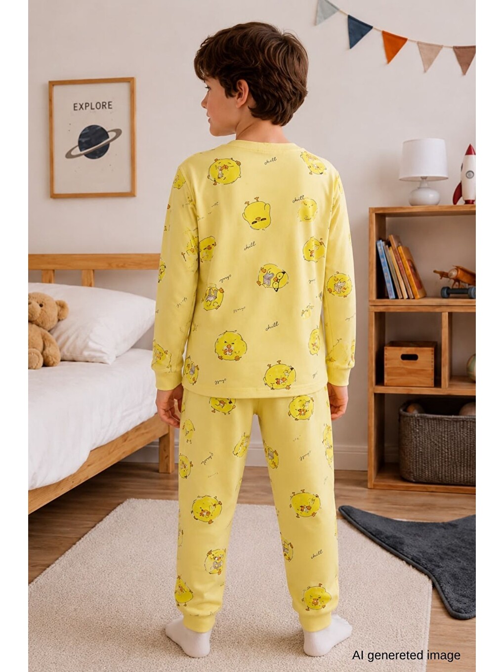 Sarı Erkek Çocuk Yeni Sezon Pamuklu Desenli Pijama Takım Tkm1022-3