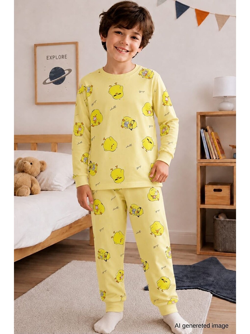 Sarı Erkek Çocuk Yeni Sezon Pamuklu Desenli Pijama Takım Tkm1022-5