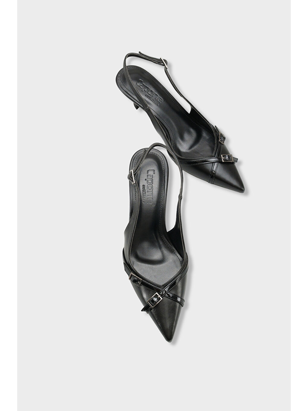 Siyah Sarine Sivri Burunlu Orta Topuklu Çapraz Tokalı Arkası Açık Kadın Ayakkabı-5