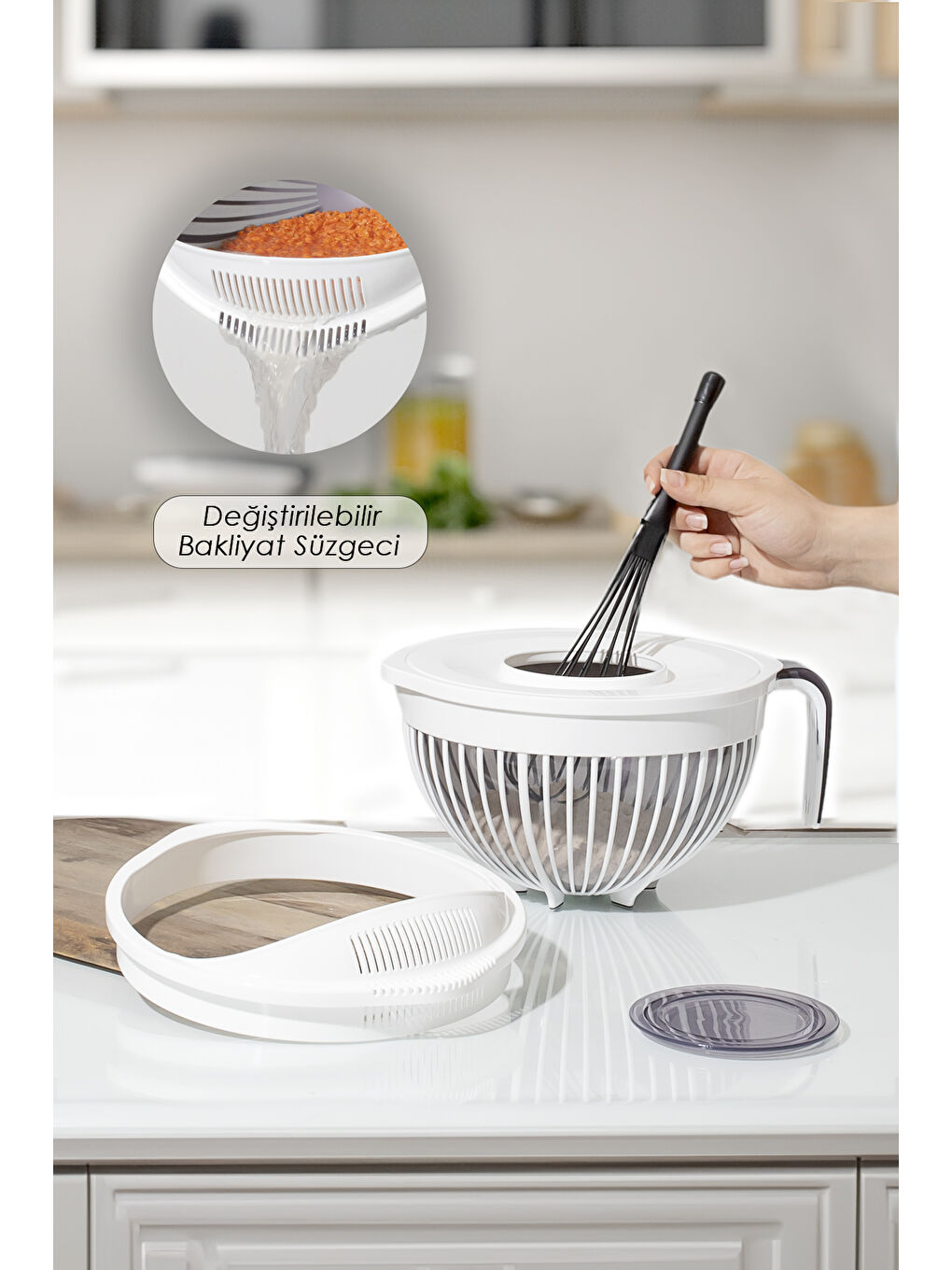 3132 Linea 2 li Çok Amaçlı Kapaklı Karıştırma Mikser Kabı Pirinç Süzgeci - Beyaz-5