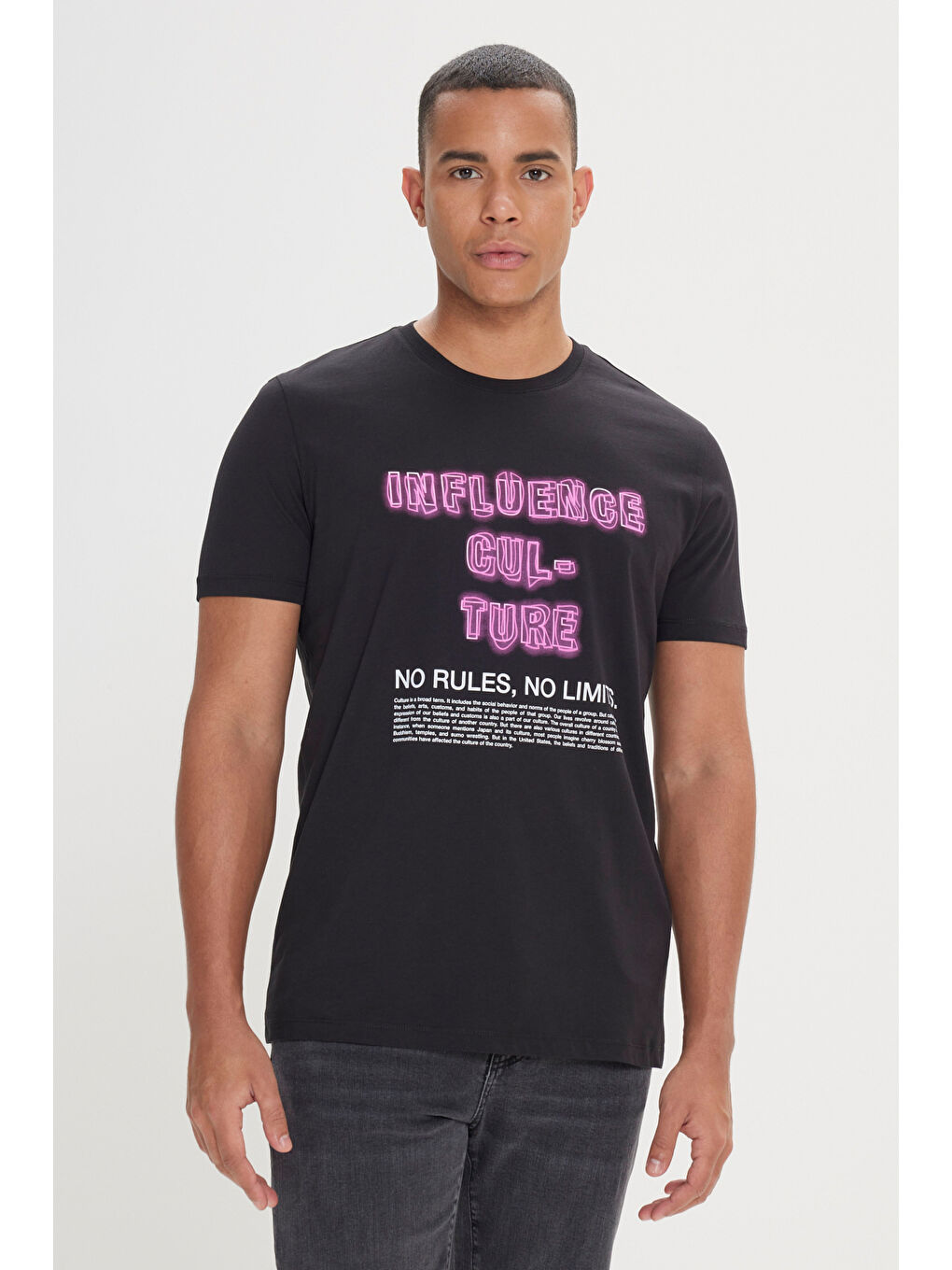 Erkek Siyah Standart Fit Normal Kesim %100 Pamuk Bisiklet Yaka Tişört