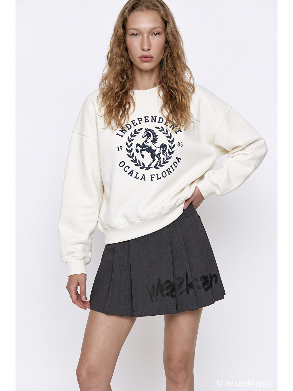Yazı Ve At Baskılı Sweatshirt Ekru