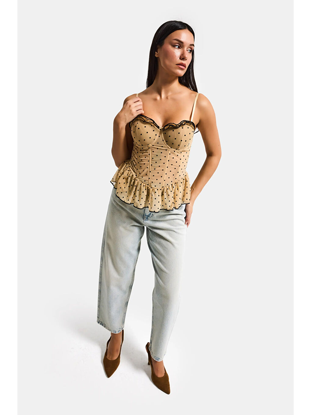 Ekru Kadın Bej w5 Balenli Cup Destekli Askılı Büstiyer-2