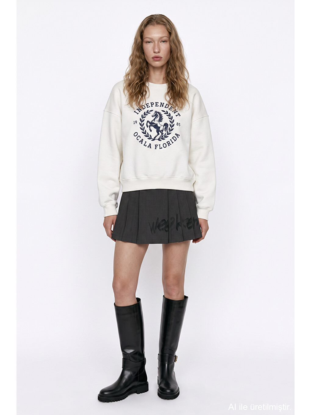 Yazı Ve At Baskılı Sweatshirt Ekru-2