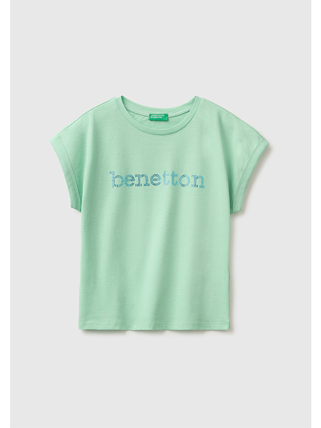 Kız Çocuk Yeşil Renkli Taş Detaylı Bisiklet Yaka T-Shirt