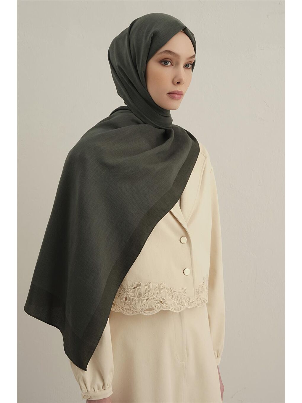 Haki Bordürlü Lyocell Şal 54-1