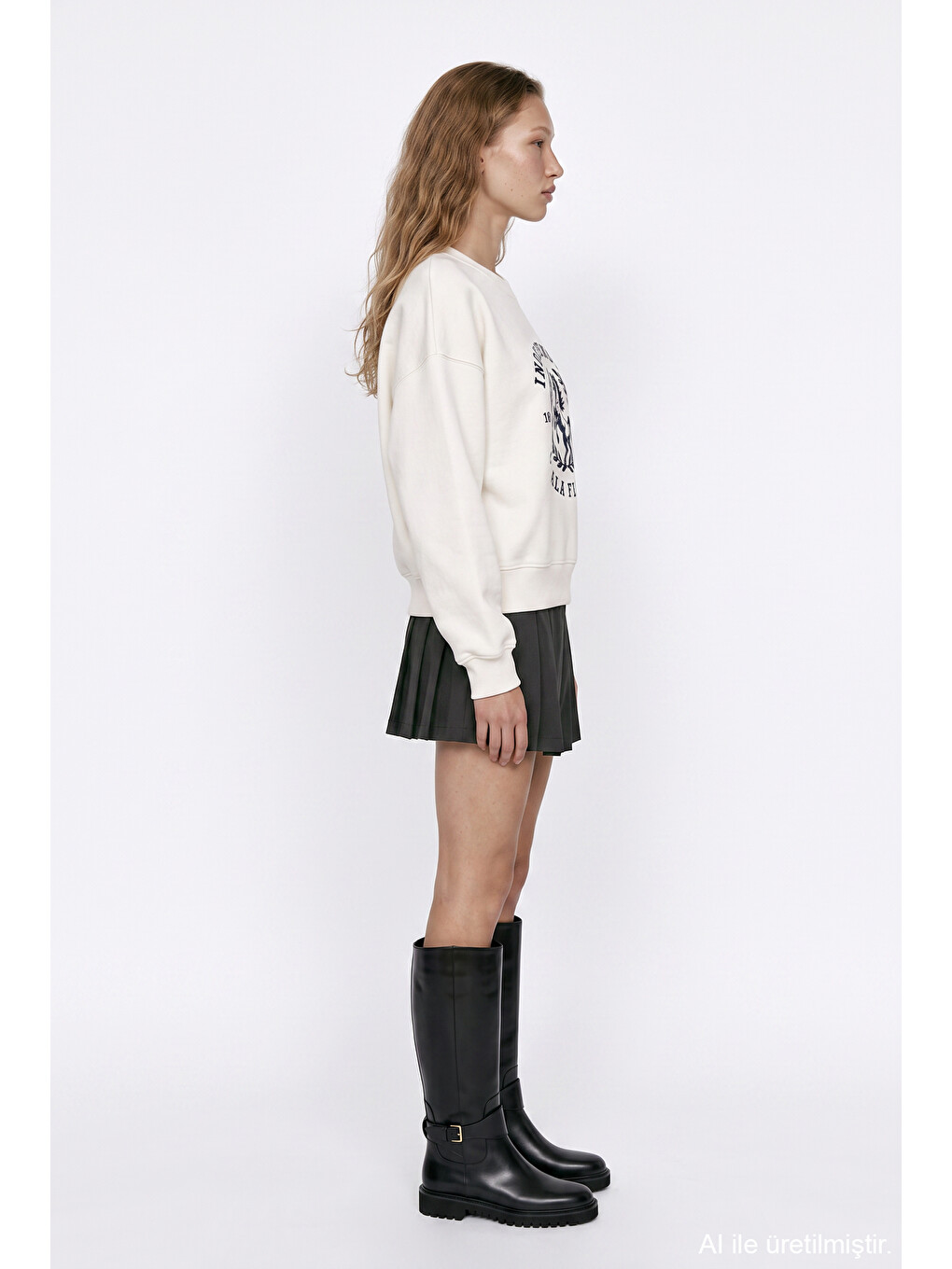 Yazı Ve At Baskılı Sweatshirt Ekru-3