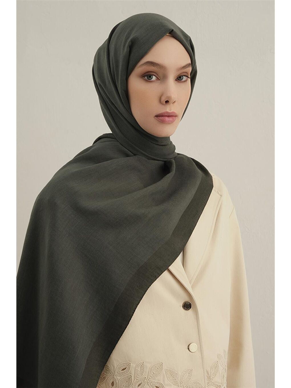 Haki Bordürlü Lyocell Şal 54-2
