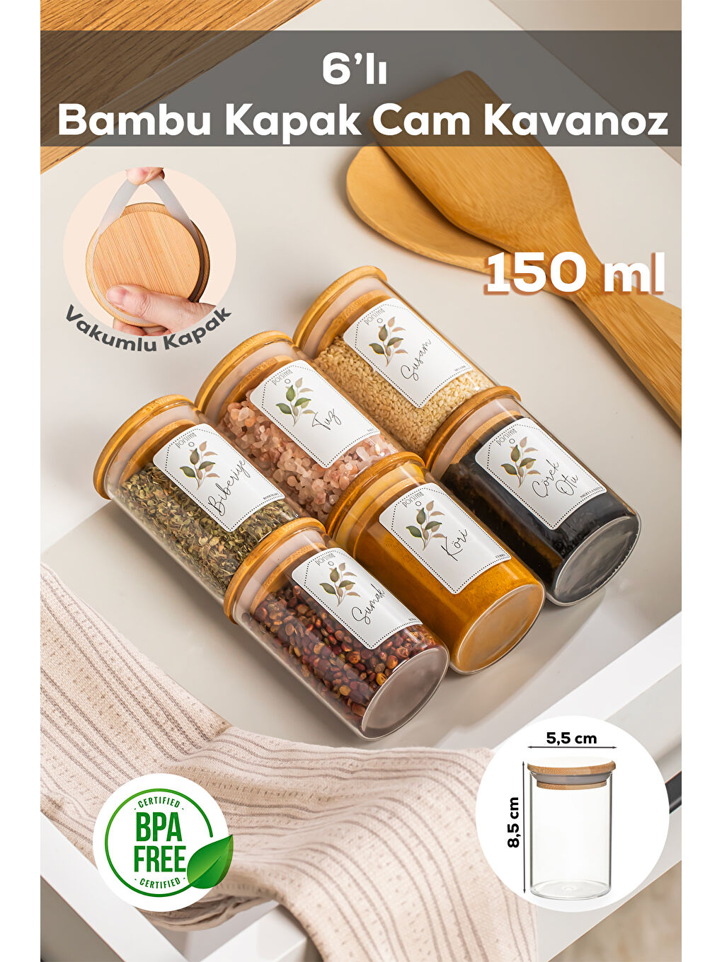 Renksiz 3178 Cam 6 Parça Vakumlu Bambu Kapaklı Baharatlık Seti Takımı, Saklama Kabı Etiketli 150ml ŞEffaf