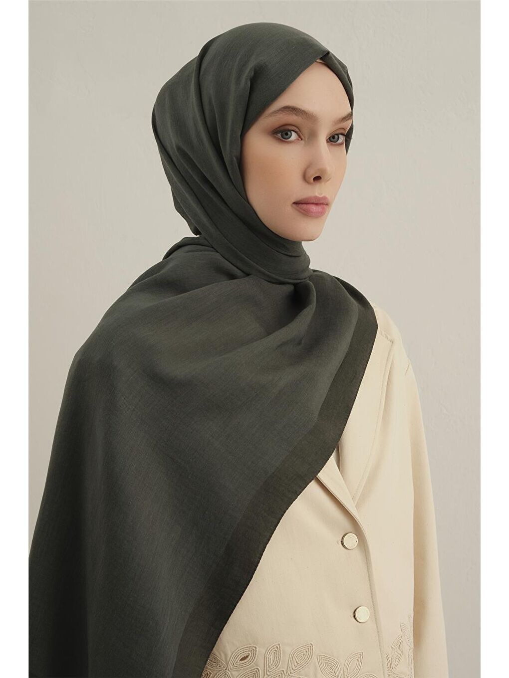 Haki Bordürlü Lyocell Şal 54-4