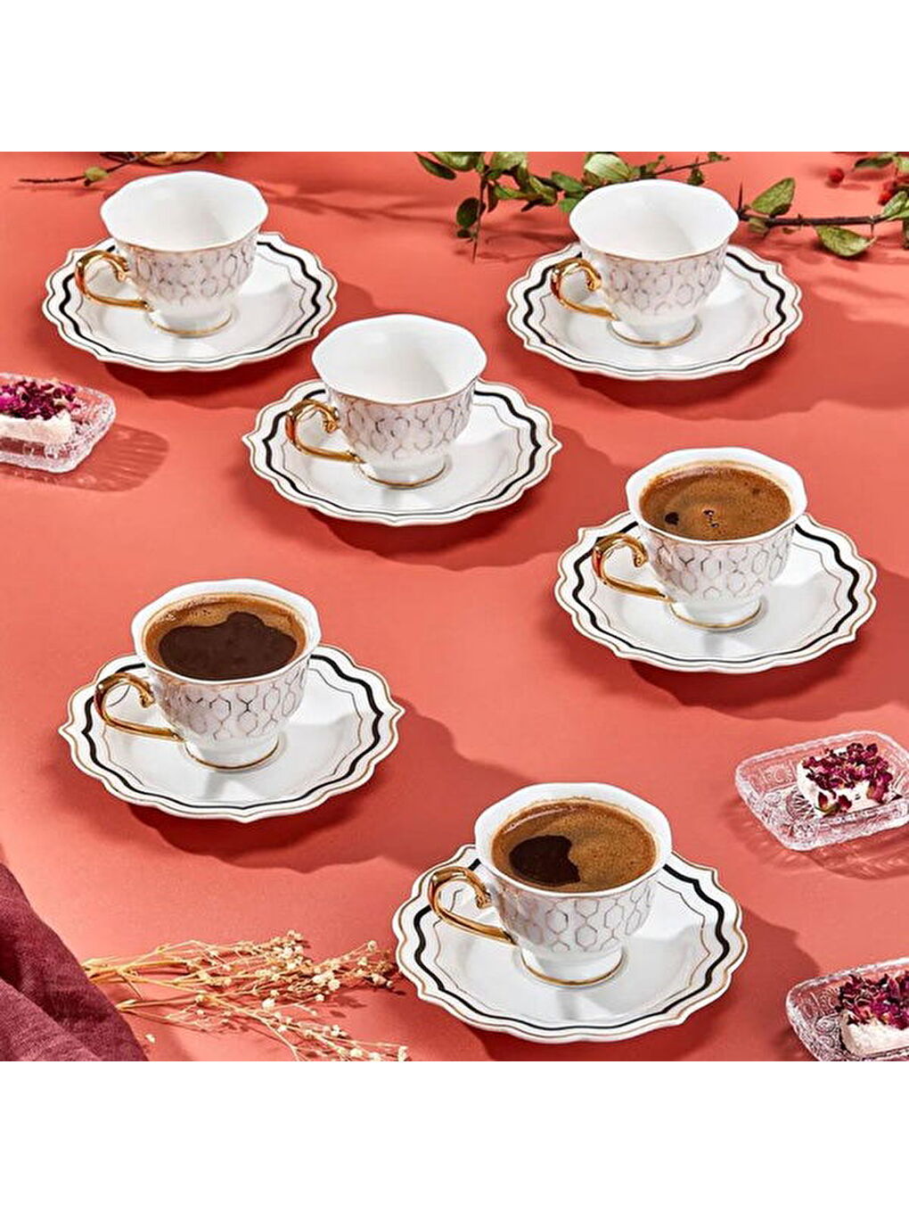 Valeria 6'lı Kahve Fincanı - Beyaz / Sarı