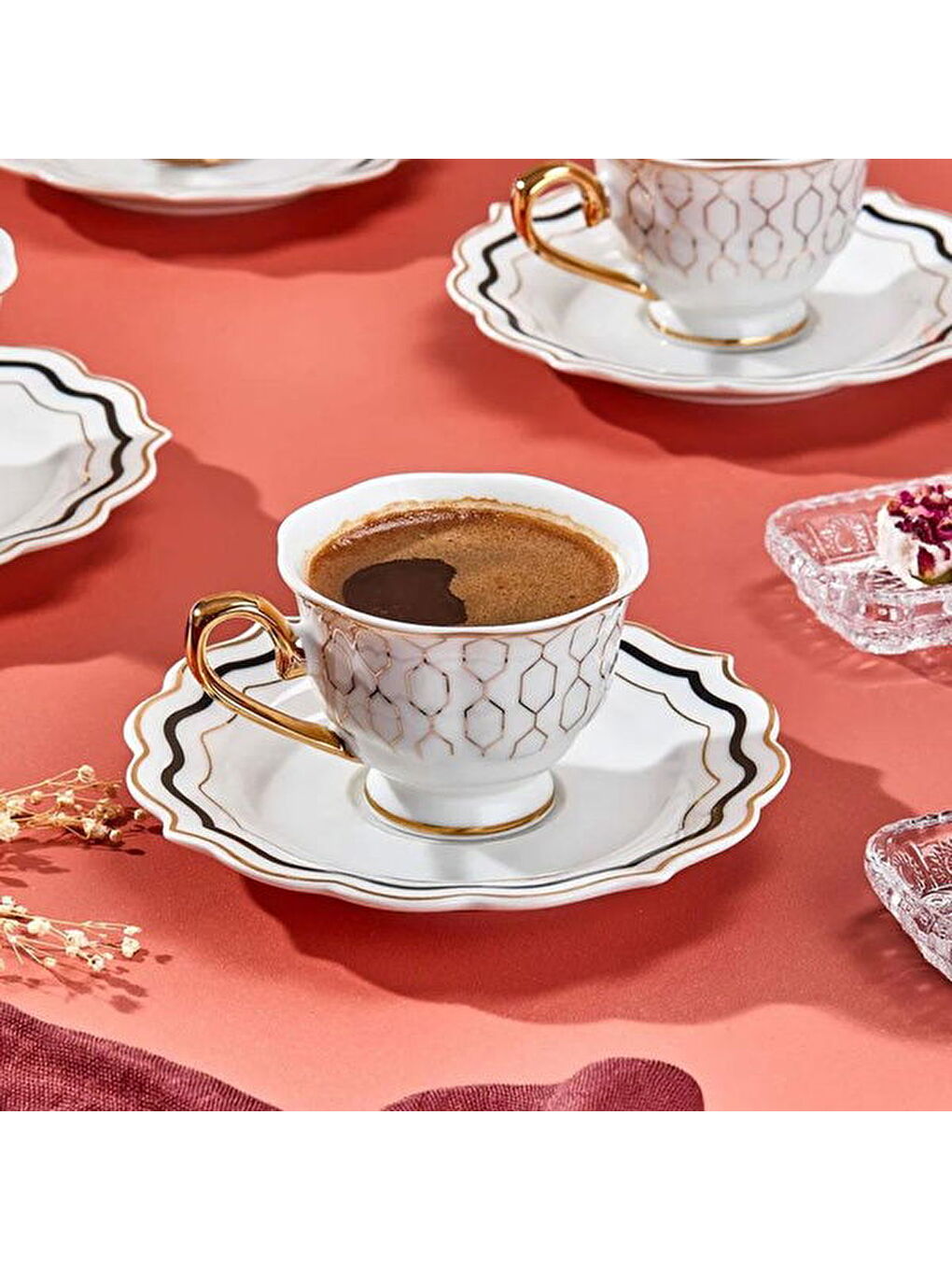 Valeria 6'lı Kahve Fincanı - Beyaz / Sarı-1