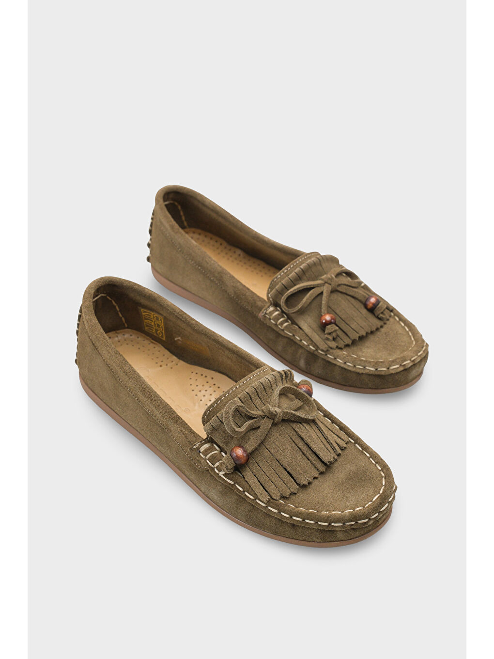 Yeşil Almire Hakiki Deri Süet Boncuklu Püsküllü Konfor Kadın Loafer Ayakkabı-1