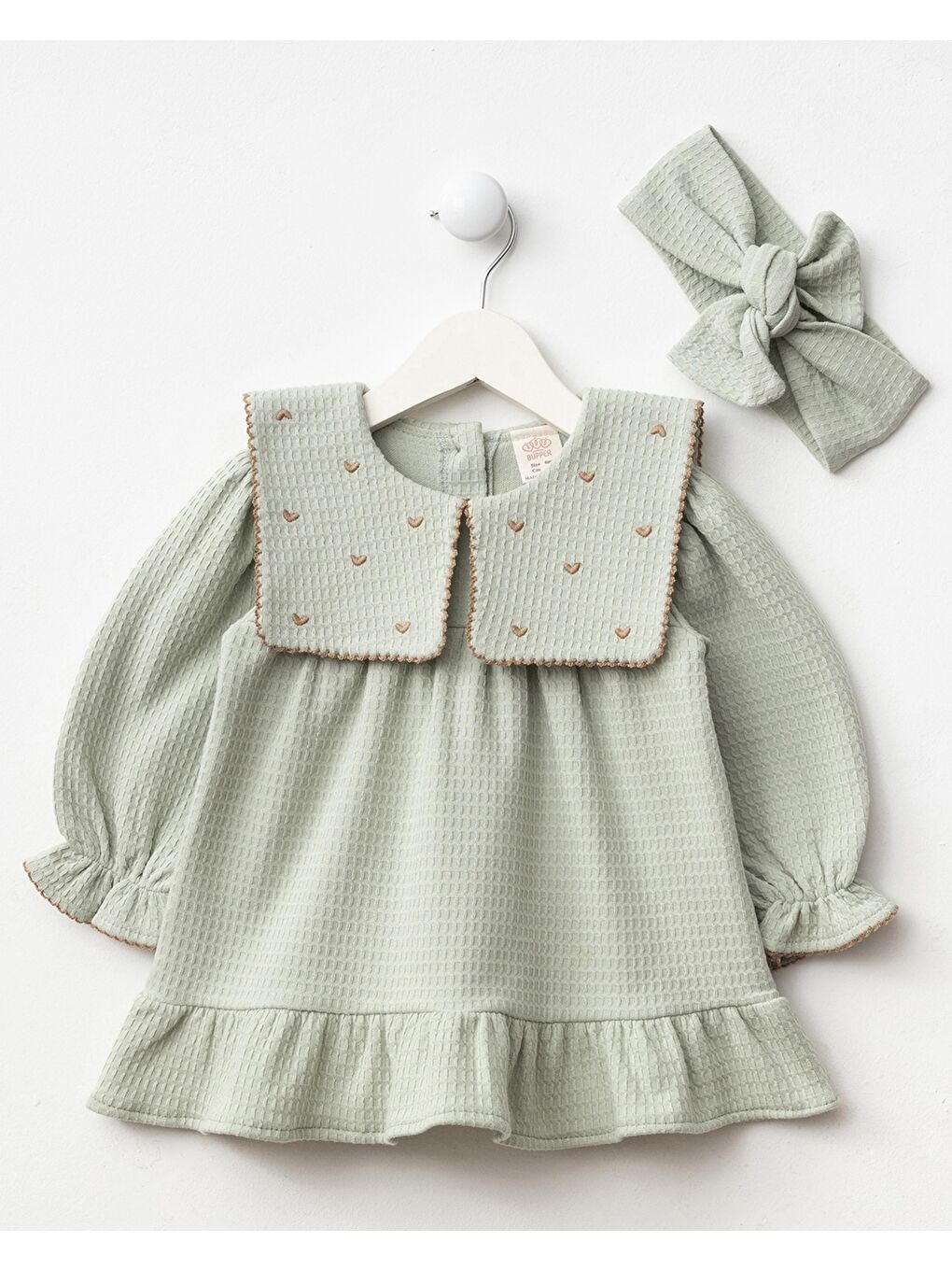 Yeşil Kız Çocuk Pamuklu Mint Kalp Nakışlı Fisto Yakalı Elbise Ve Saç Bandı Takım
