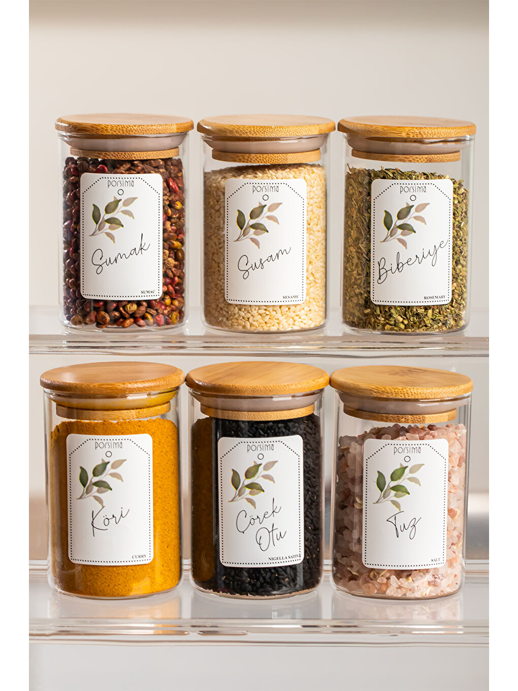Renksiz 3178 Cam 6 Parça Vakumlu Bambu Kapaklı Baharatlık Seti Takımı, Saklama Kabı Etiketli 150ml ŞEffaf-3