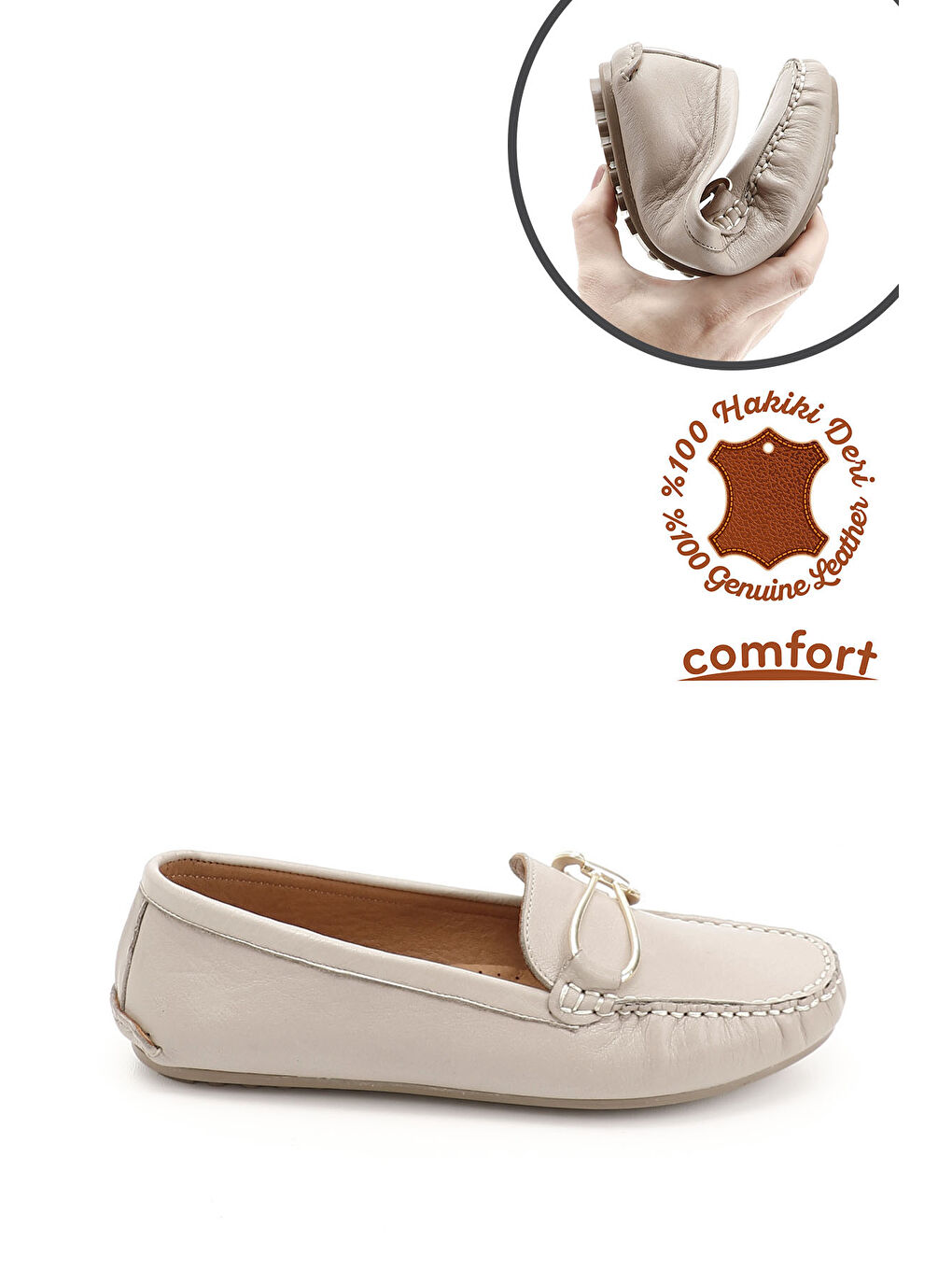 Bej Kadın BEJ-CAMEL Tokalı Rok Hakiki Deri Comfort Loafer-2