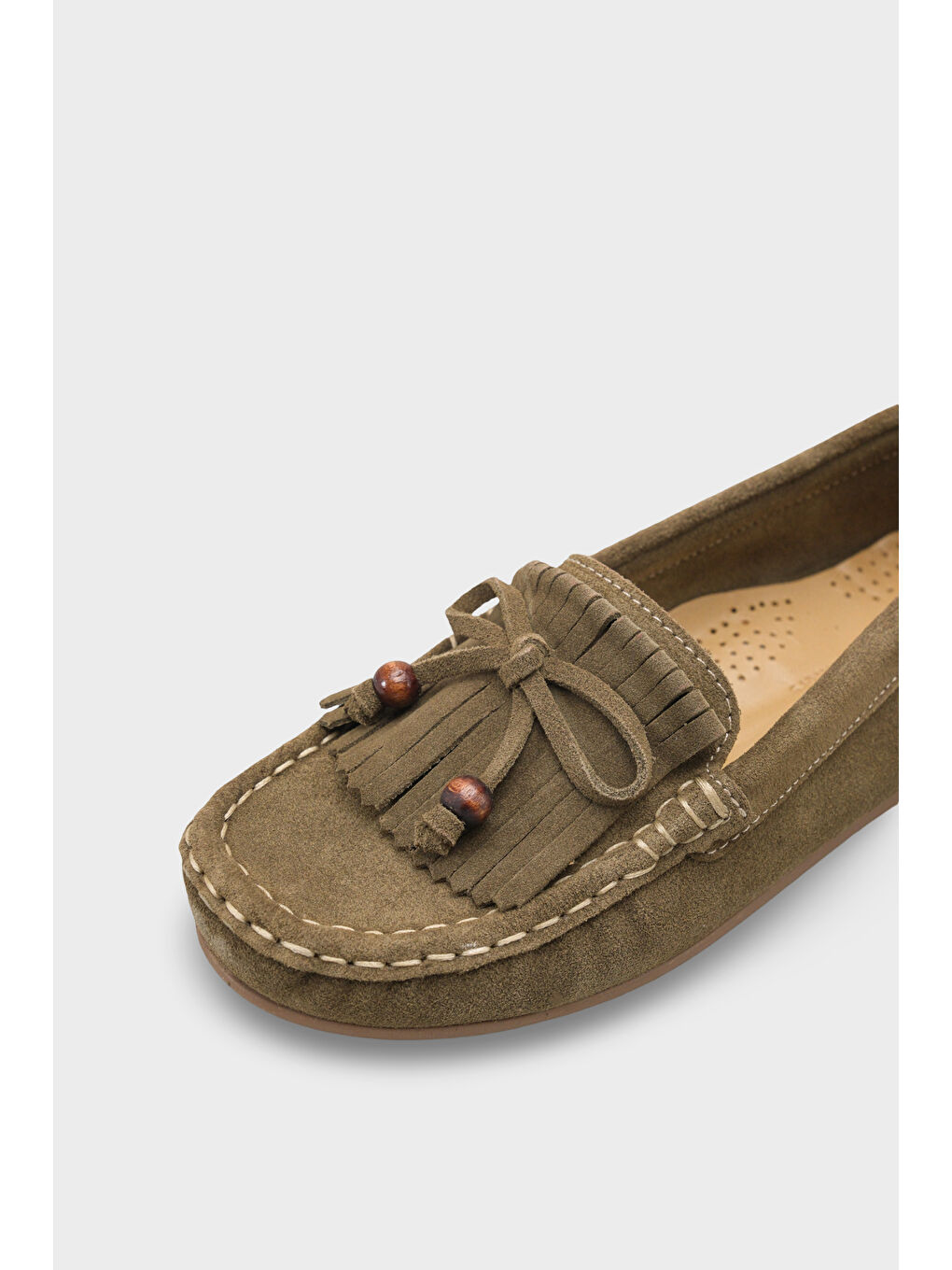 Yeşil Almire Hakiki Deri Süet Boncuklu Püsküllü Konfor Kadın Loafer Ayakkabı-2