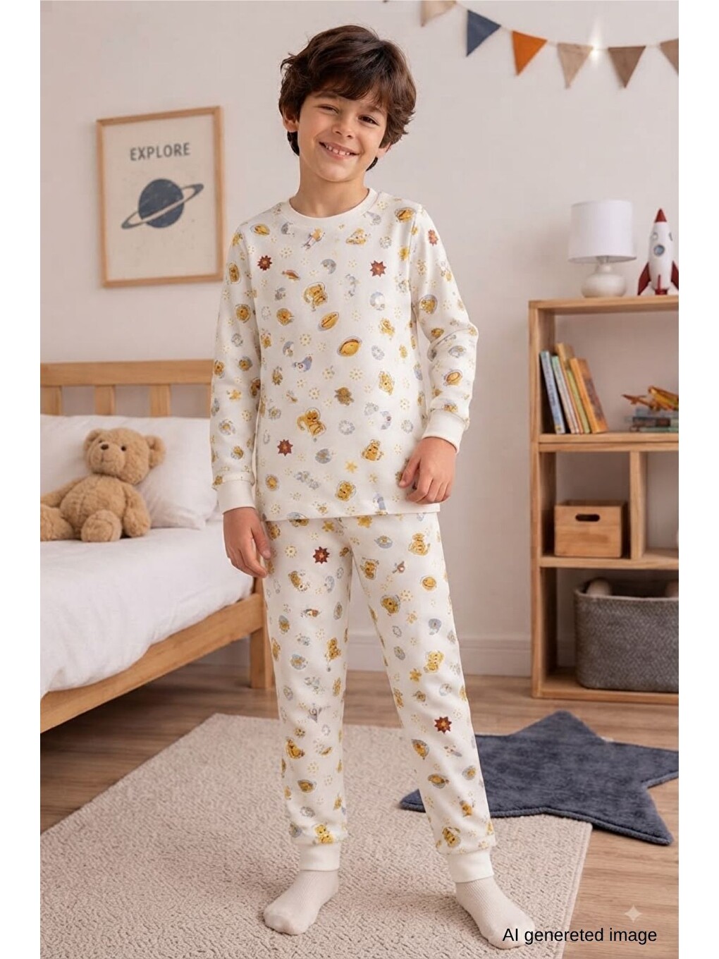 Ekru Erkek Çocuk Yeni Sezon Pamuklu Desenli Pijama Takım Tkm1022