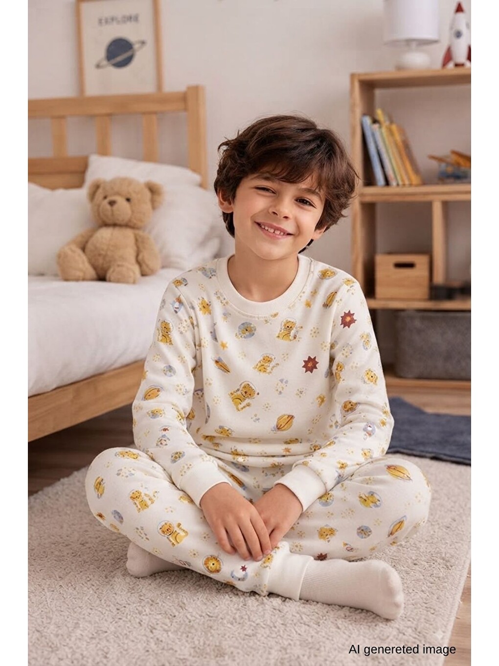 Ekru Erkek Çocuk Yeni Sezon Pamuklu Desenli Pijama Takım Tkm1022-1