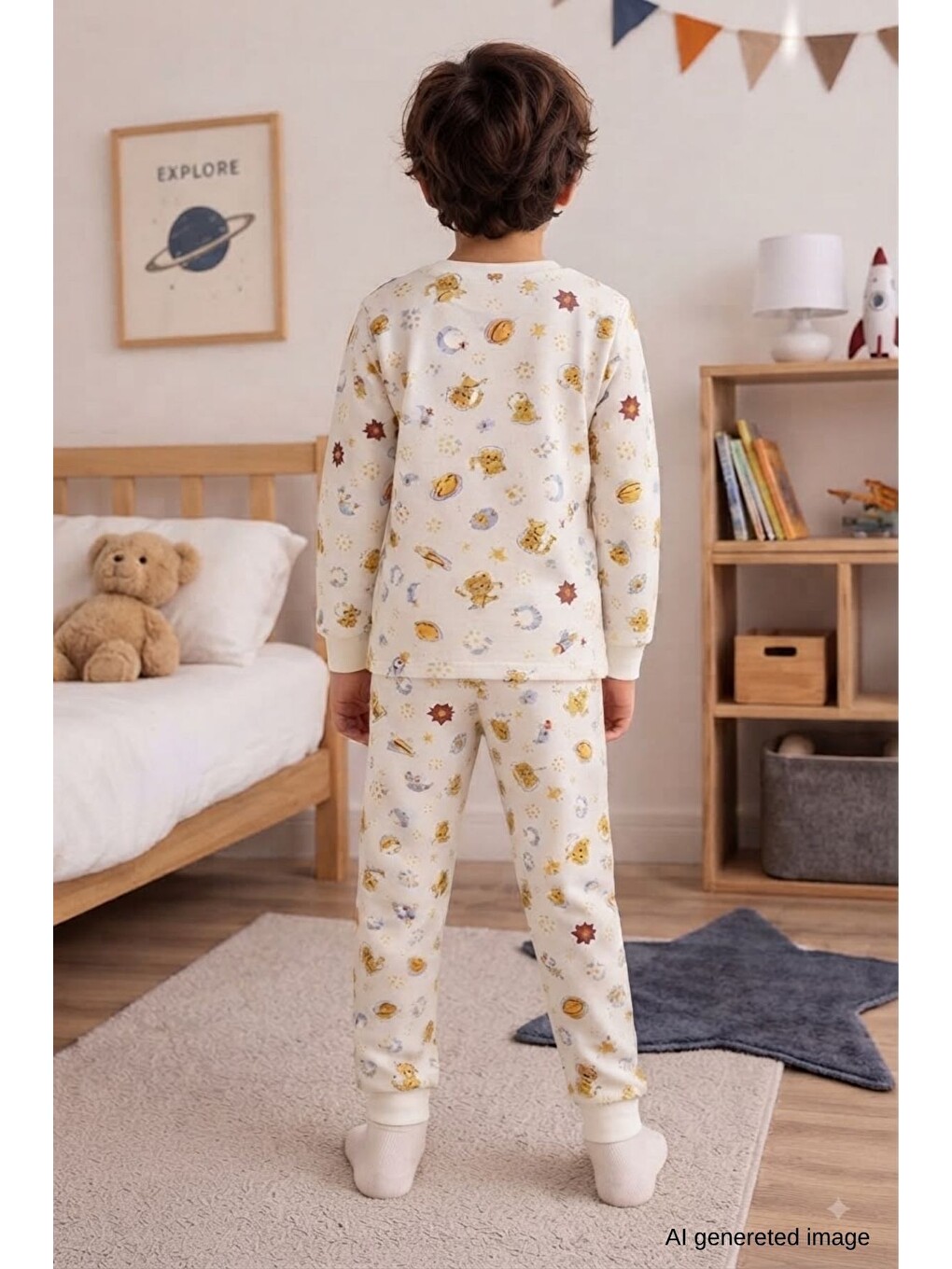 Ekru Erkek Çocuk Yeni Sezon Pamuklu Desenli Pijama Takım Tkm1022-2