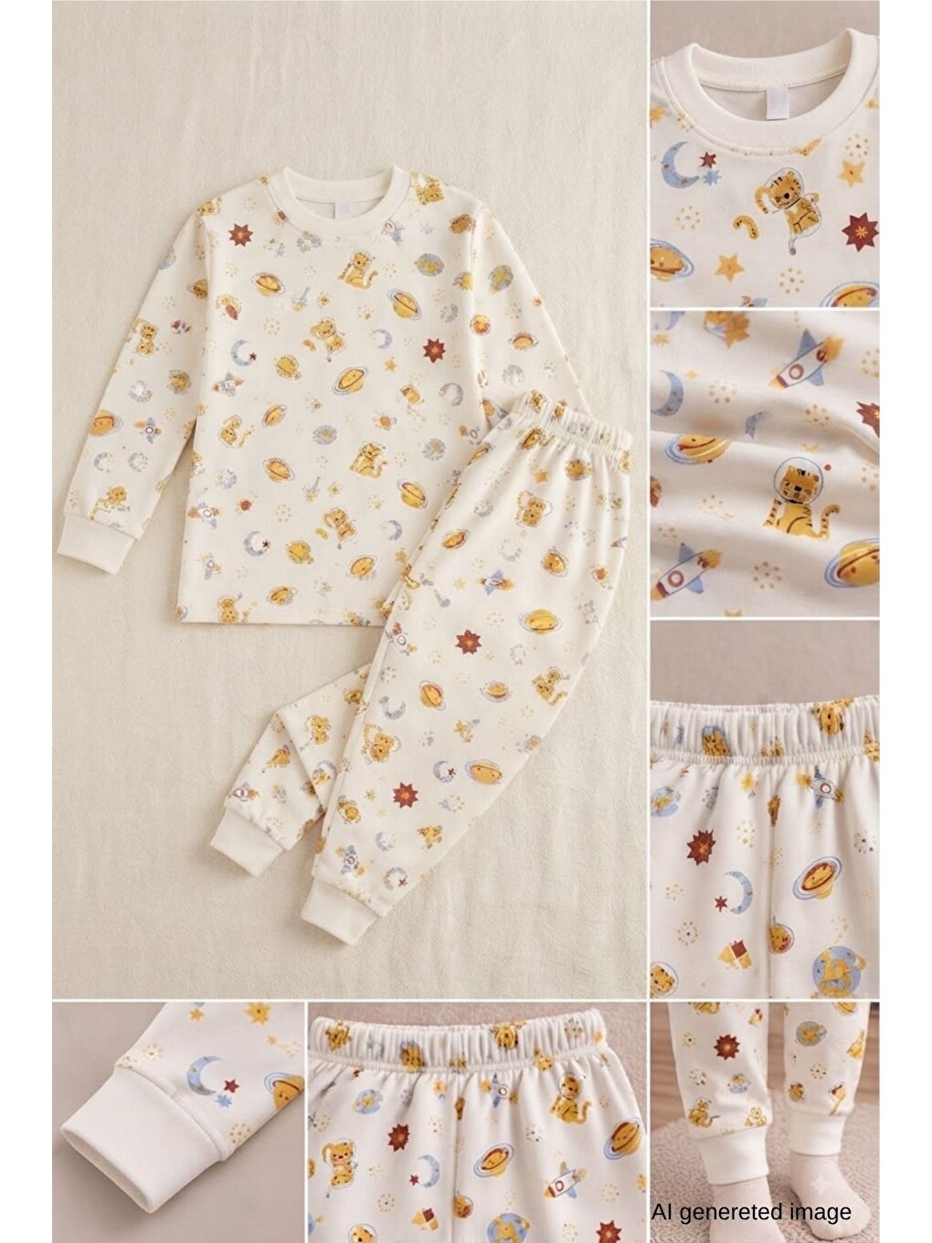 Ekru Erkek Çocuk Yeni Sezon Pamuklu Desenli Pijama Takım Tkm1022-3