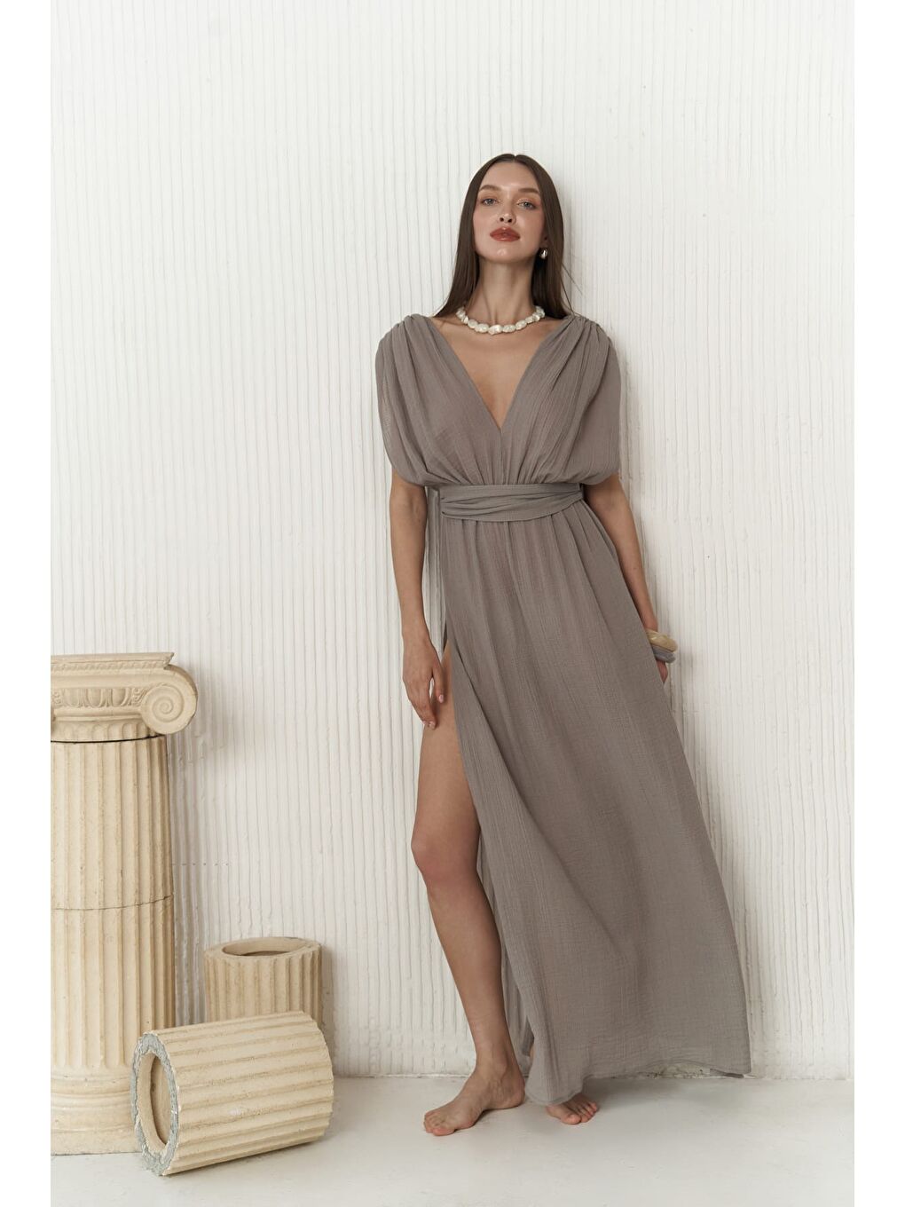Gri Sihaya Füme Bağlamalı Elbise