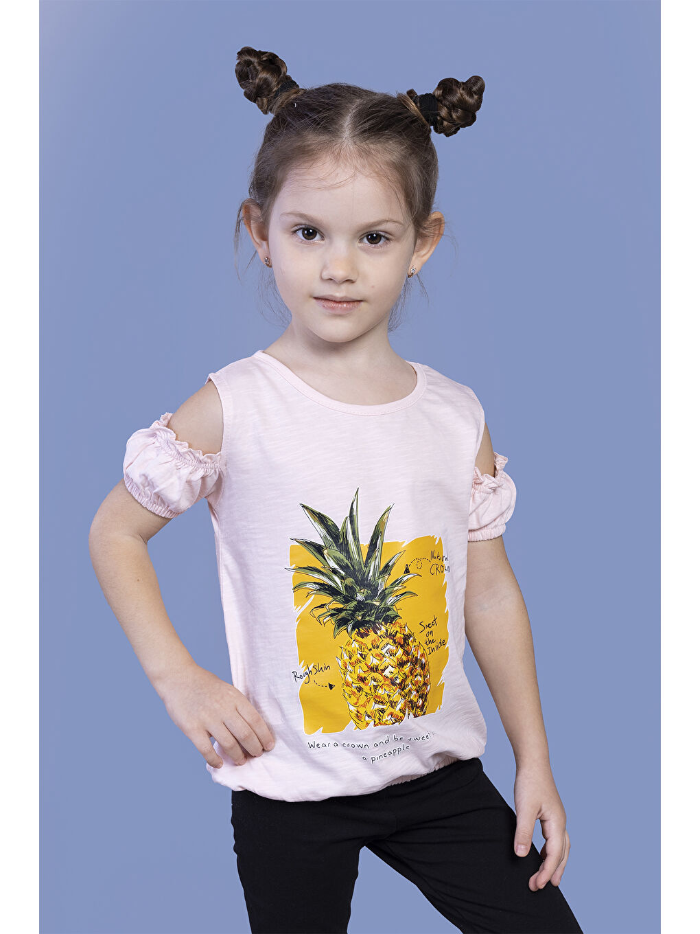 Pembe Kız Çocuk Kolları Detaylı Ananas Baskılı Tişört