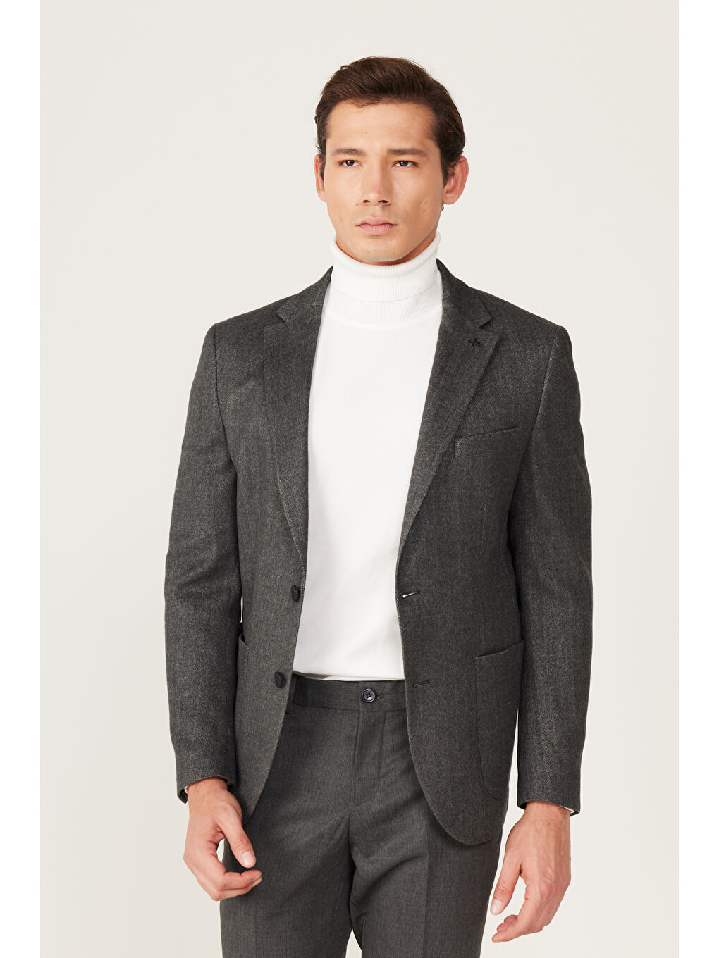 Erkek Antrasit Slim Fit Dar Kesim Mono Yaka Desenli Yünlü Ceket