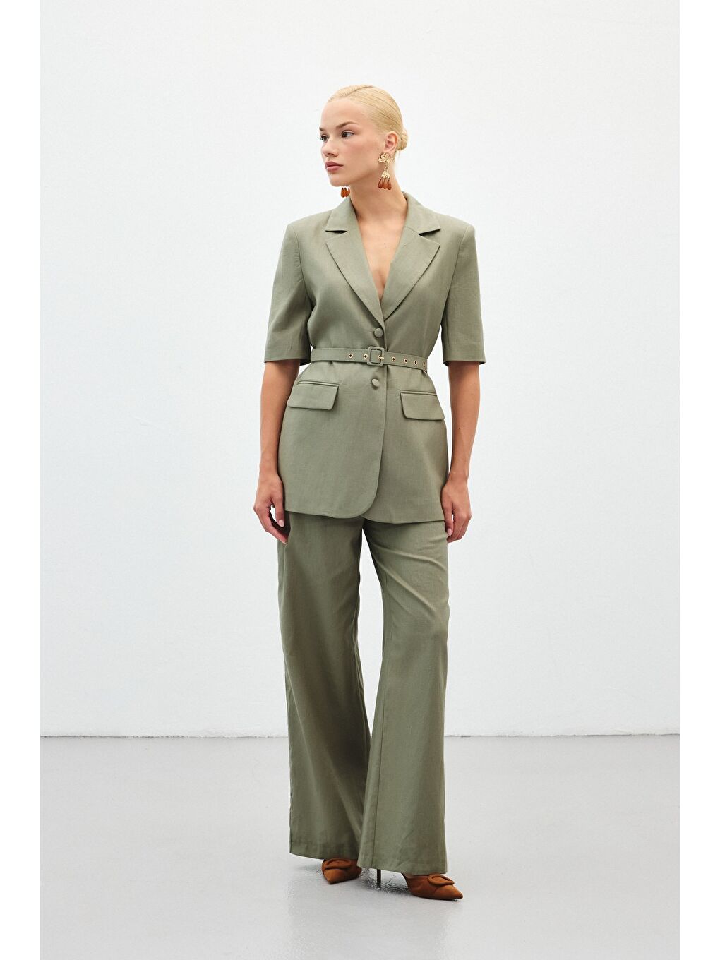 Kısa Kollu Kemerli Ceket - Haki-1