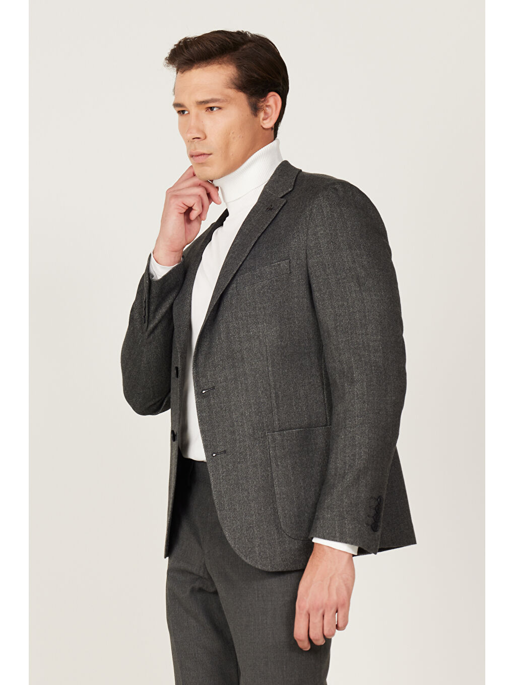 Erkek Antrasit Slim Fit Dar Kesim Mono Yaka Desenli Yünlü Ceket-2