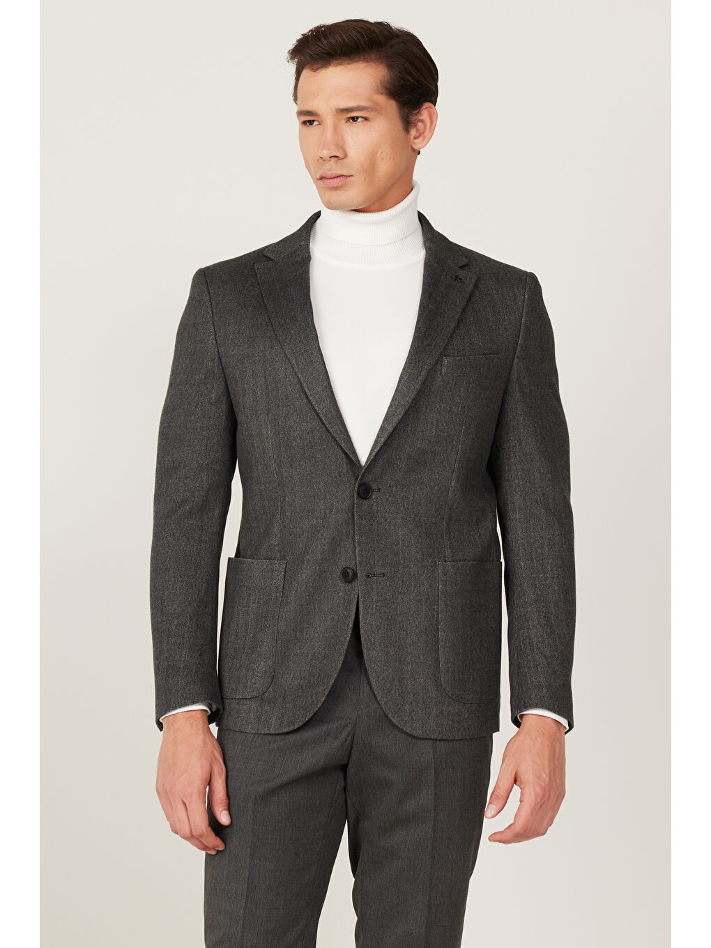 Erkek Antrasit Slim Fit Dar Kesim Mono Yaka Desenli Yünlü Ceket-3