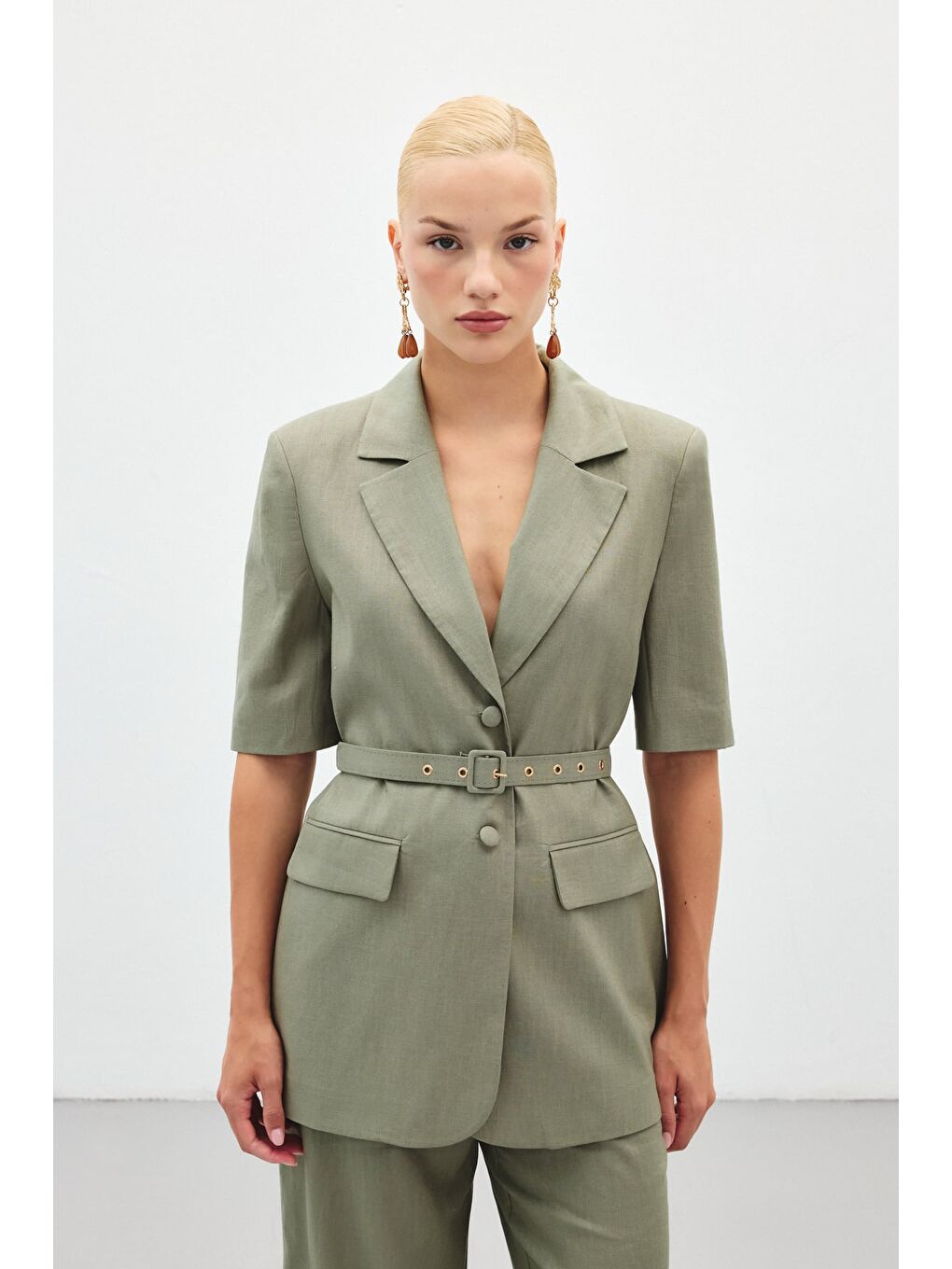Kısa Kollu Kemerli Ceket - Haki-2