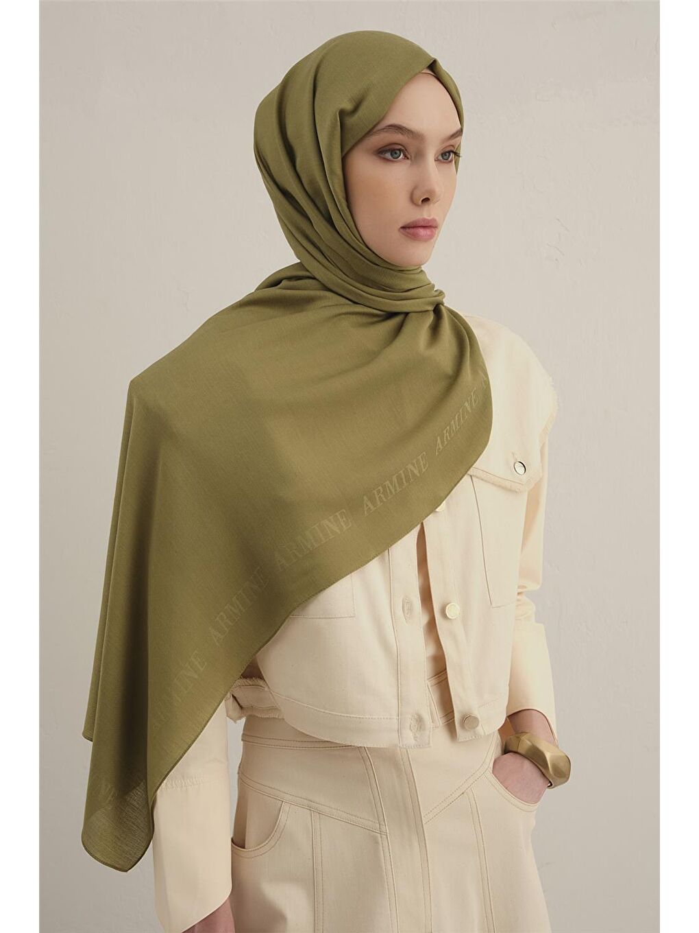 Haki Logo Bordürlü Pamuk İpek Şal 48-1