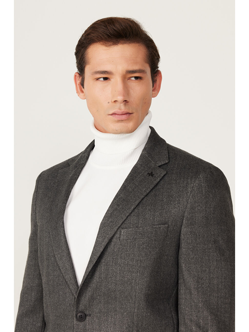Erkek Antrasit Slim Fit Dar Kesim Mono Yaka Desenli Yünlü Ceket-4