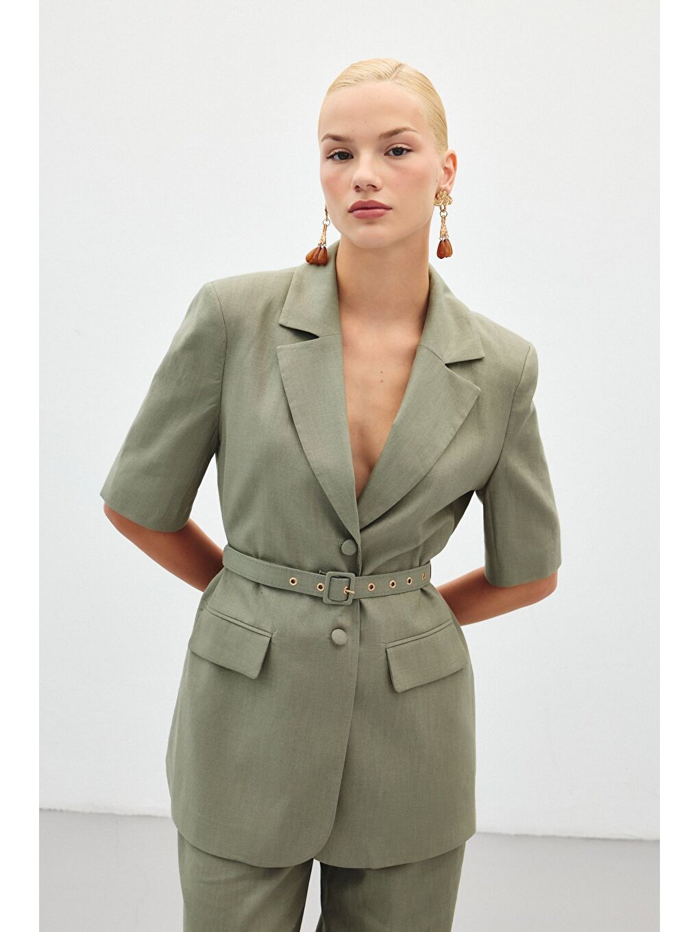 Kısa Kollu Kemerli Ceket - Haki-3
