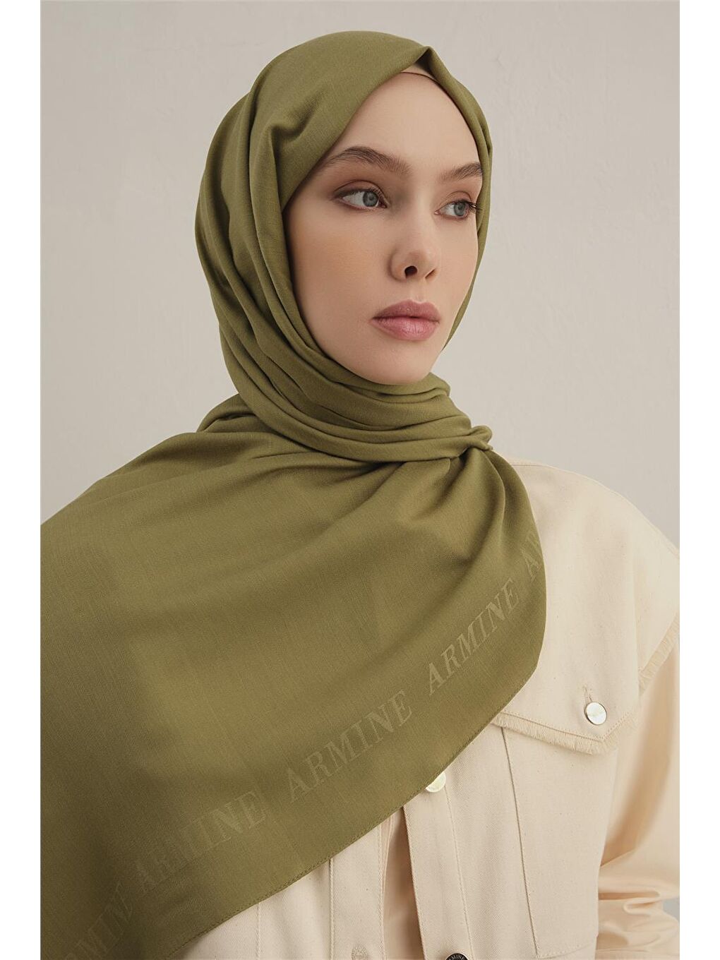 Haki Logo Bordürlü Pamuk İpek Şal 48-3